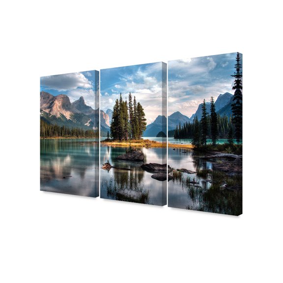DecorArts - Spirit Island, Jasper National Park.Lake with Mountain Forest(Triptych). Giclee Canvas Prints for Wall Decor.48x32"