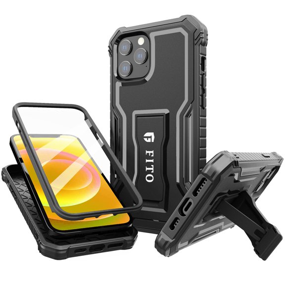 FITO For iPhone 12/iPhone 12 Case, Phone Case with Screen Protector and Kickstand (Black)