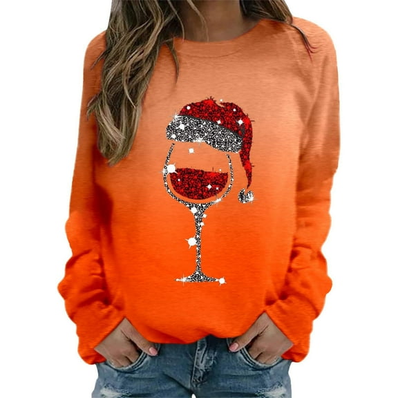 gakvbuo Christmas Sweater for Women Funny Christmas Sweatshirt Crewneck Xmas Print Long Sleeve Blouse Party Pullover Sweatshirt Tunic Tops Hoodless Shoulder Sweatshirt Gifts for Christmas
