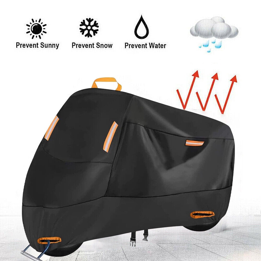 Motorcycle Cover (Four Seasons) Waterproof and Sun Protection Outdoor Night Reflective with Keyhole and Storage Pocket, (XXL: 90" x 35" x 50")