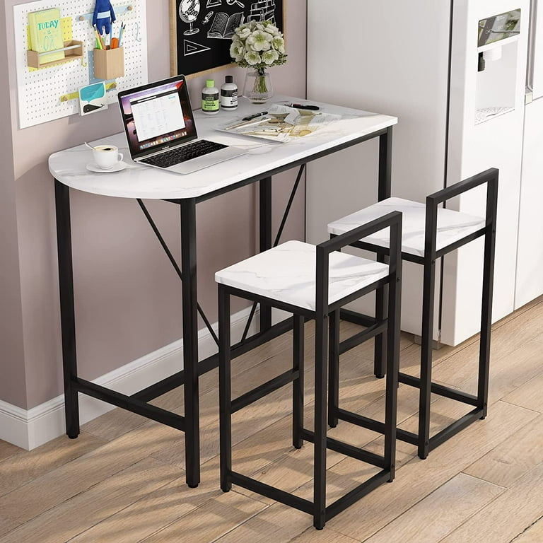 Tribesigns 3 Piece Bar Table Set Kitchen Pub Dining Table with 2 Bar Stools Faux Marble White