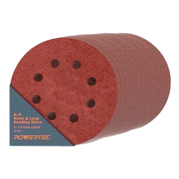 POWERTEC 150PK 5 Inch 8 Hole Hook and Loop Sanding Discs, 60 Grit, Sandpaper for Random Orbital Sanders, 45006-P6