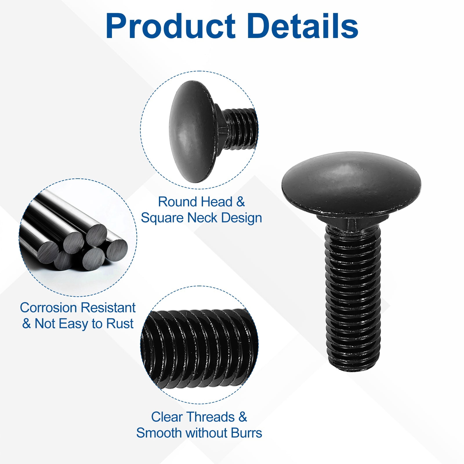 Uxcell 15Pack M10 x 35mm Stainless Steel Carriage Bolts Round Head Square Neck, Black