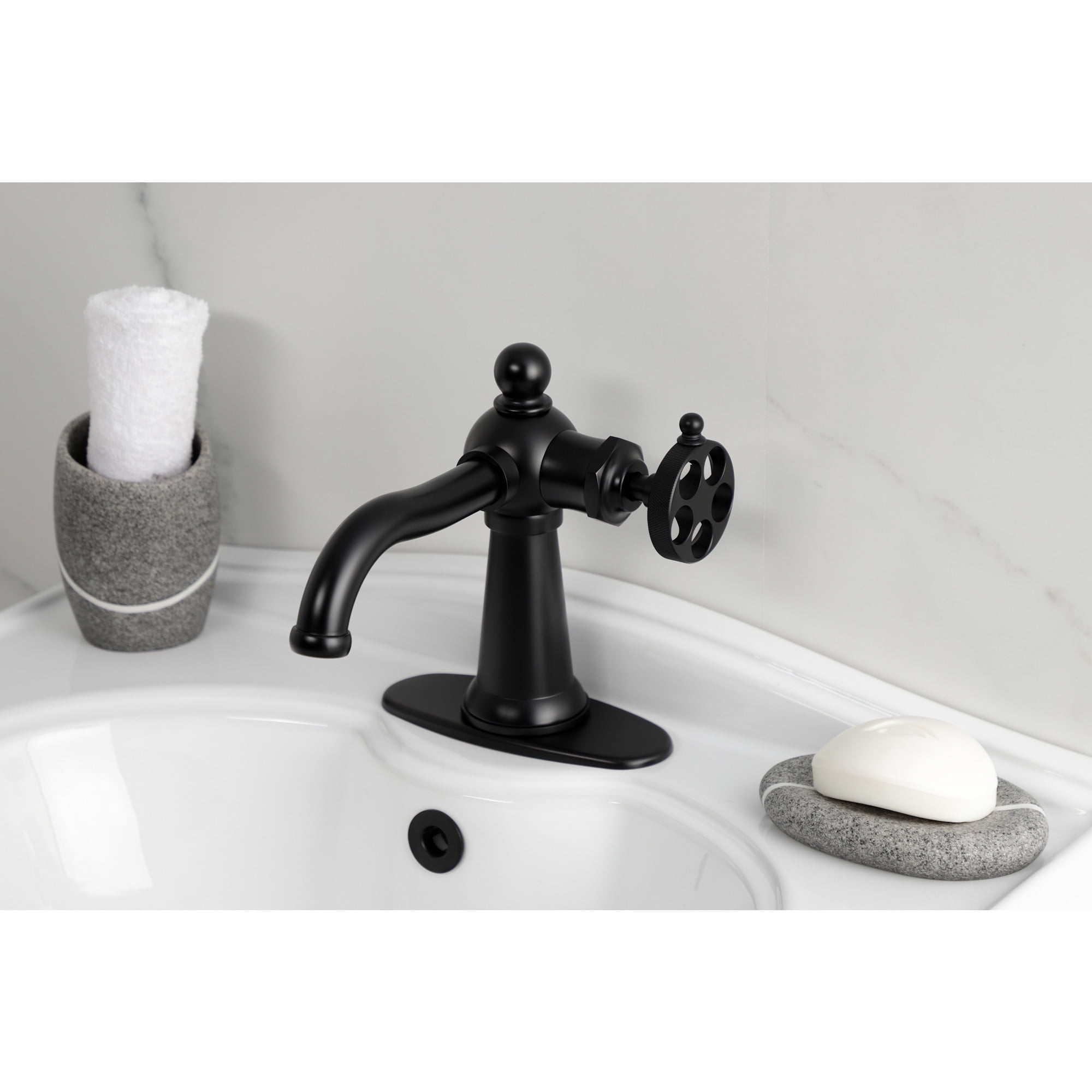 Kingston Brass KSD3540RKZ Wendell One-Handle Single-Hole Bathroom Faucet with Knurled Handle and Push Pop-Up Drain, Matte Black
