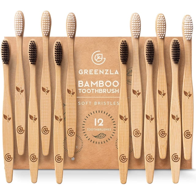 Juego de cepillos de dientes GREENZLA Bamboo para adultos con funda y hilo dental, paquete de 12