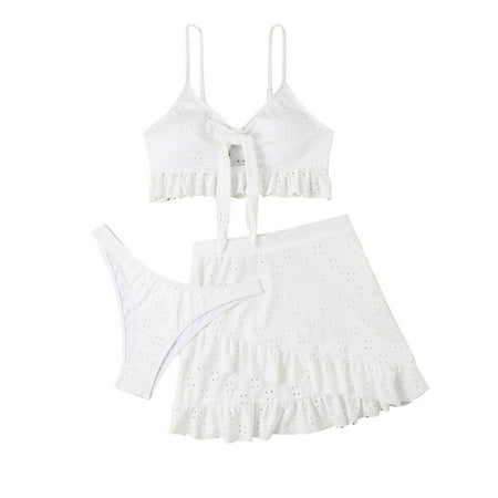 UTSJKR Womens Swimsuits 3 Piece High Waisted Eyelet Bikini Top Thong Bikini Set Bathing Suit with Cute Ruffle Skirt Cover Up White S