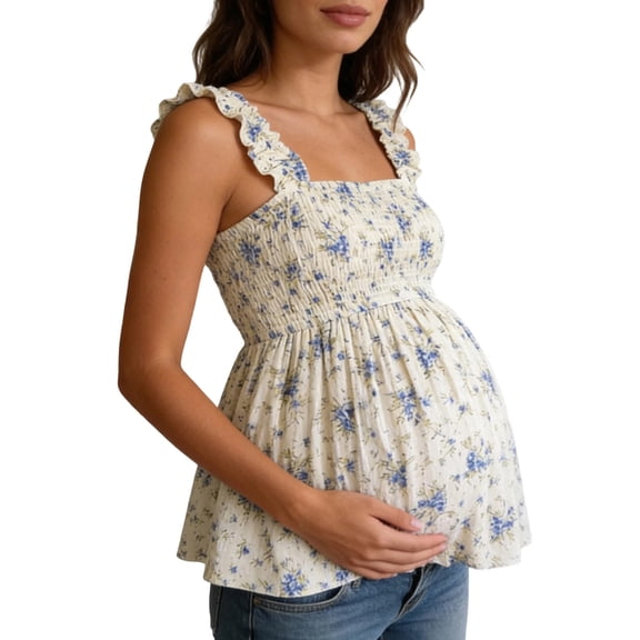 Gyujnb Ruffle Strap Floral Maternity Top Square Neck Smocked Waist Flowy Sleeveless Light Summer Pregnancy Casual Tank Shirt,L