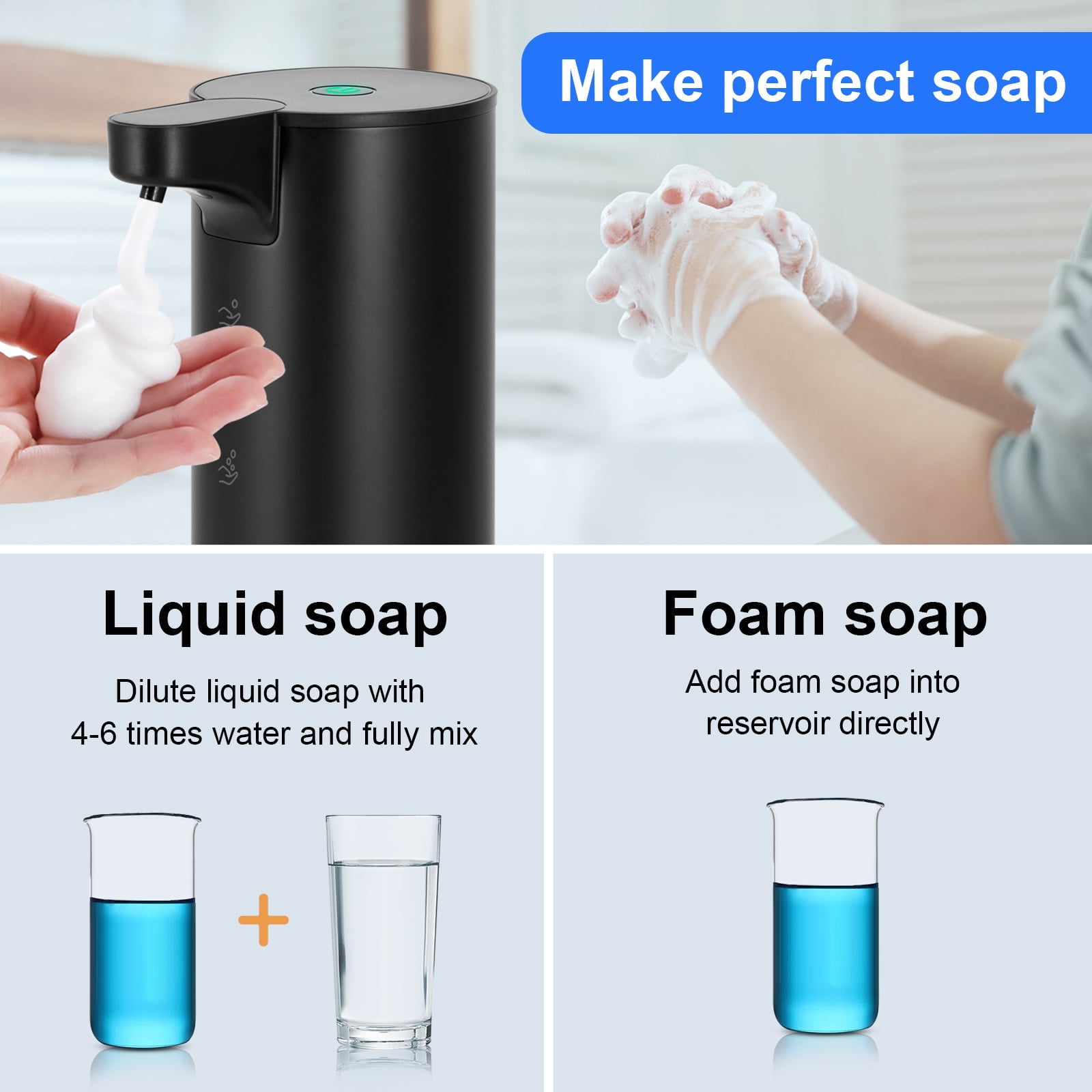 Automatic Foaming Soap Dispenser: Rechargeable Touchless Soap Dispenser Stainless Steel Foam Soap Dispenser for Bathroom Hand Soap Pump for Kitchen Xmas Gift, 9oz, Black