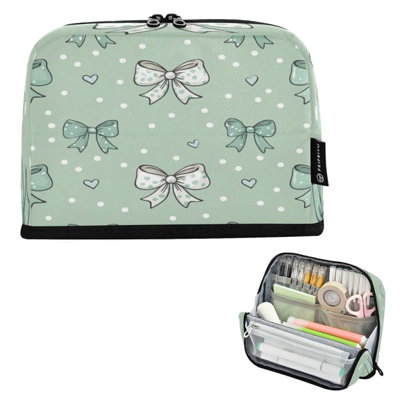 Standing Pencil Case with Base Large Capacity Stationery Pouch Pen Bag with Zipper for Women Men Green and Mint Bows