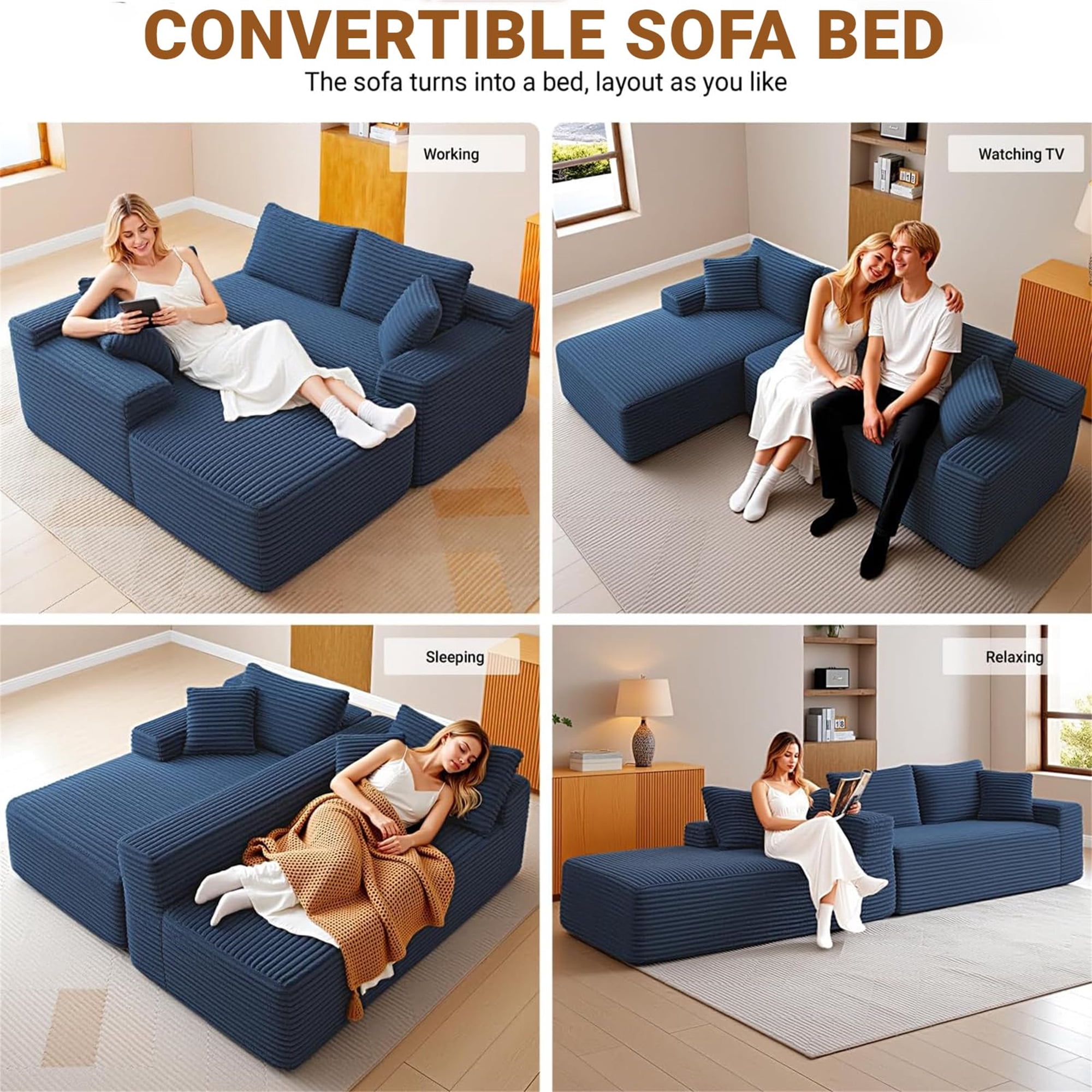 Aukfa 105" Cloud Sectional Sofa Boneless Couch Modular Sofa Bed for Living Room, 2Pillows, Left Chiase, Corduroy, Blue
