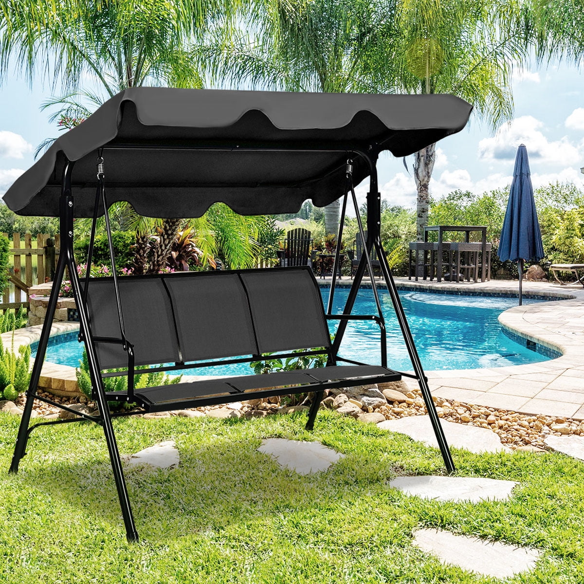 Gymax Black Outdoor Swing Canopy Patio Swing Chair 3 Person Canopy Hammock Walmart