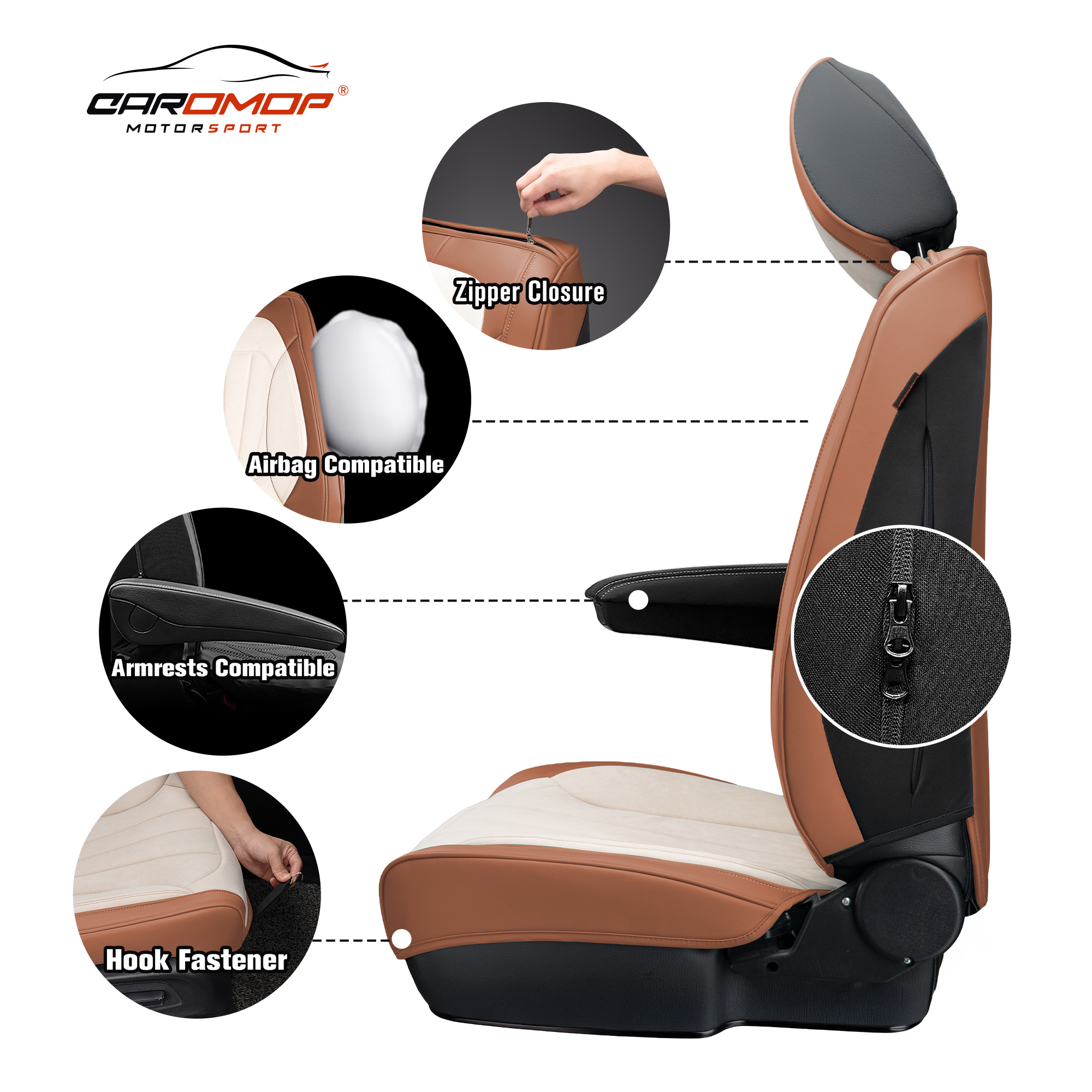 Caromop Universal Car Seat Covers Full Set,3D Foam Support in Velvet & PU Leather,Armrest Compatible for Cars, Trucks, SUVs (Beige/Brown)