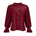 thumbnail image 5 of Women's Solid Color Satin Shirt, Puff Sleeve Turn-Down Collar Button Down Blouse, Elegant Office Work Blouse and Casual Date Night Top for Women Wine L, 5 of 5