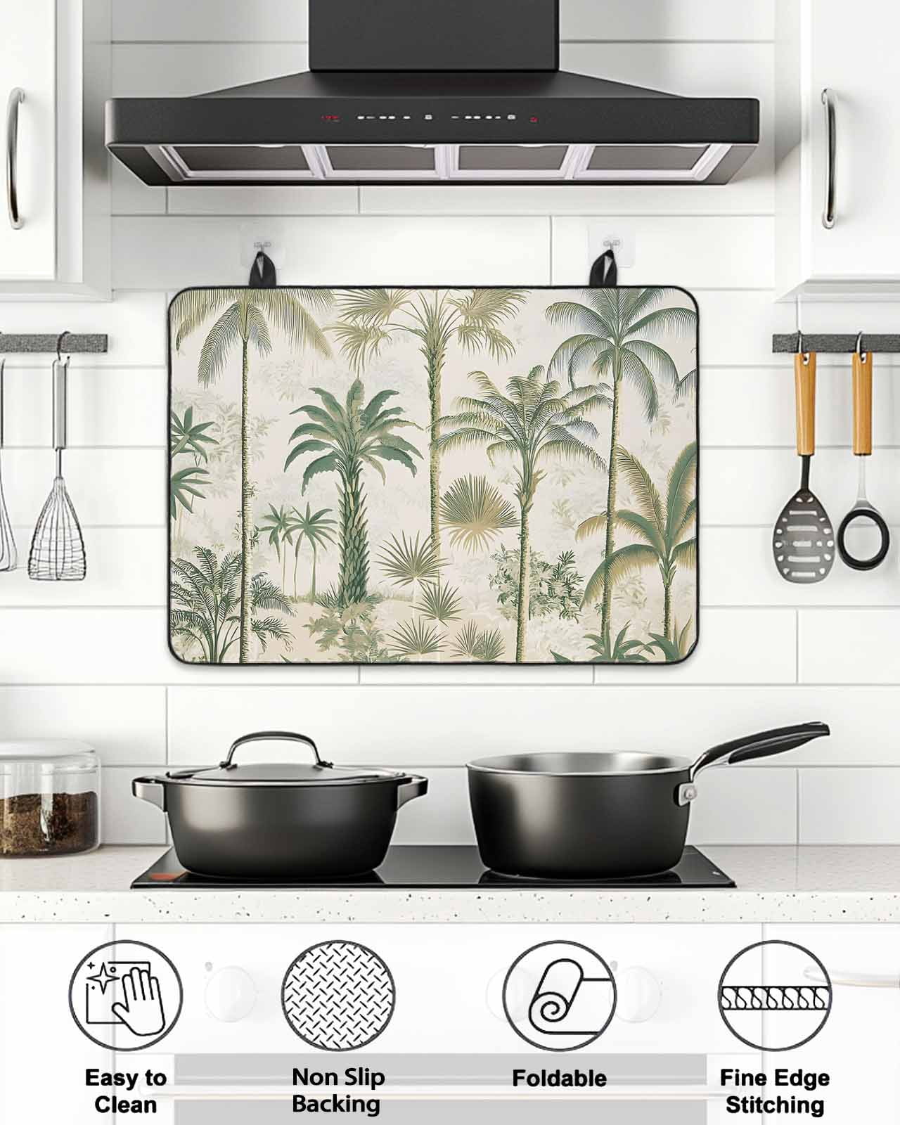 Stove Top Covers for Electric Stove, Palm Tree Glass Stovetop Cover Protector, Sage Green Tropical Nature Plant Watercolor Induction Cooktop Protector Oven Mat for Kitchen Countertop 24"x21"