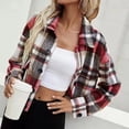 thumbnail image 4 of JGGSPWM Womens Plaid Button Down Flannel Shirts Cropped Shacket Tops Fall Coat Long Sleeve V Neck Outwear Comfortable Pullover Red L, 4 of 6