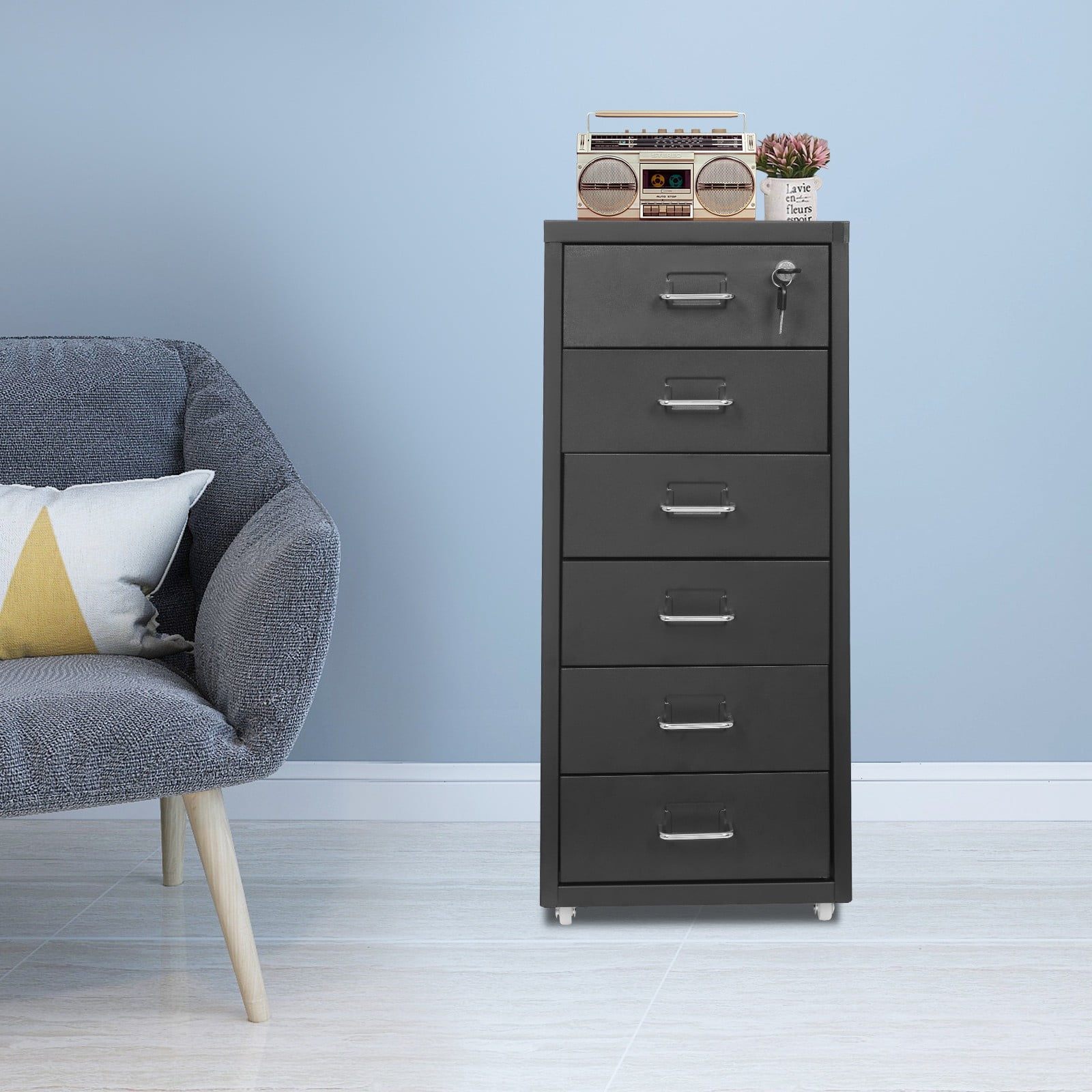 6 Drawers File Cabinet with Lock Rolling Mobile Filing Cabinet with Wheels Under Desk Vertical Filing Cabinet for Office/Home Metal Mobile Storage File Organizer for Home Office, 11*16*27in