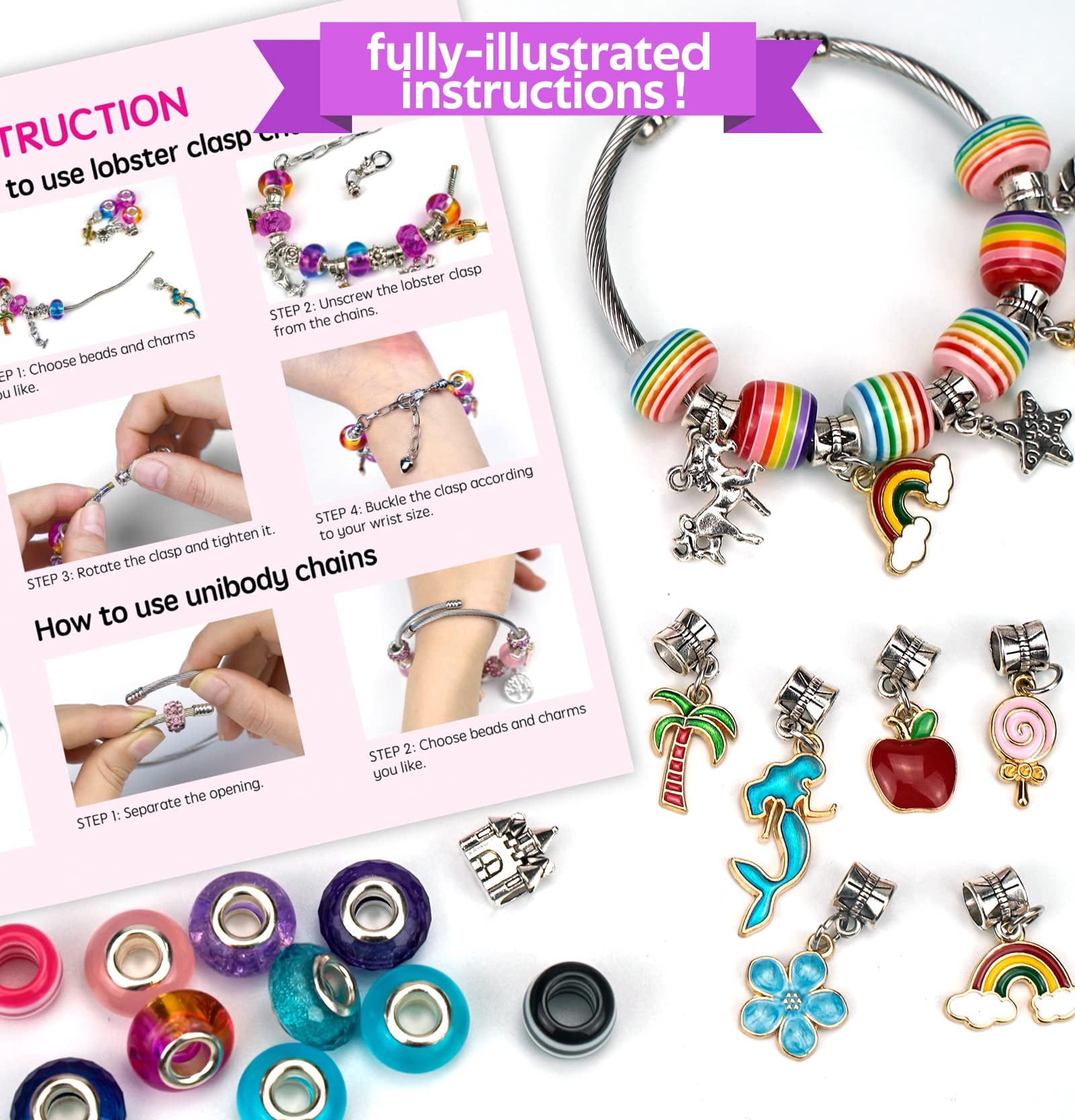 Charm Bracelet Making Kit, Rongsi 150 Pcs Jewelry Making Supplies Including Pendants Neck Chains, Unicorn Gifts Set for Teen Girls Arts and Crafts for Kids Ages 5-12