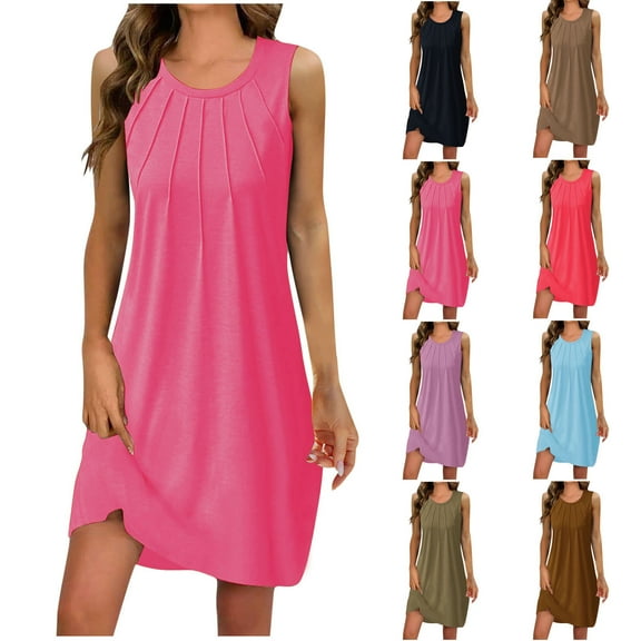Clearance & Promo! Sundresses for Women,Vestido de mujer Women's Pleated Sleeveless Dress, Summer Round Neck Solid Color Casual Style for Beach Days or Outdoor Gatherings