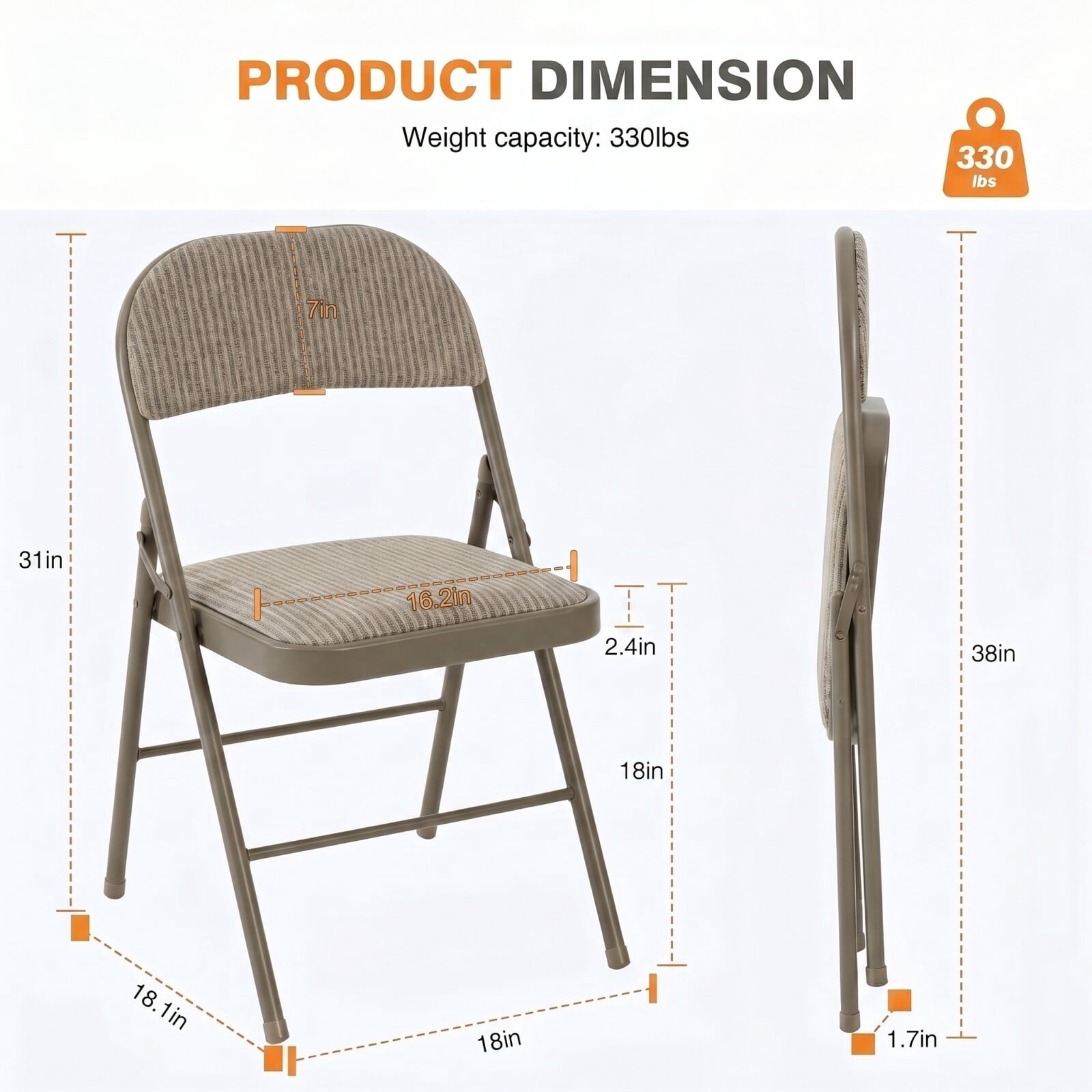 Kelno Folding Chair Set of 4 Fabric Padded Guest Chairs with Lightweight Sturdy Metal Frame, Fabric Khaki