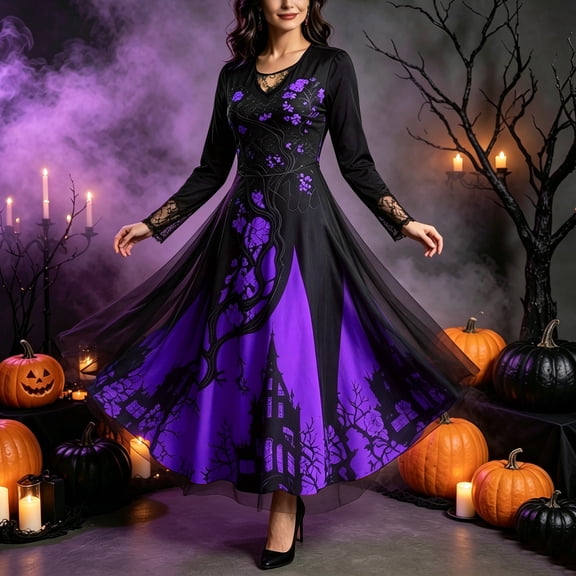 Women's Halloween Gothic Dress Tree house Thorn Pattern Lace Chiffon Long Sleeve Round Neck Maxi Dress Party Witch Cosplay Costume Evening Gown for Women,Adult(M)