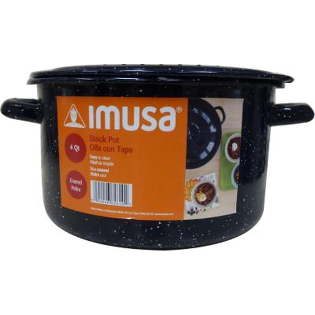 imusa olla con tapa de esmalte moteado azul imusa usa Olla esmaltada azul moteada con tapa, vista frontal centrada; cuerpo cilíndrico con asas laterales y borde superior abovedado. Etiqueta naranja frontal con logo IMUSA y marca "4 qt" visible; ideal para guisar y uso en cocina doméstica. Fondo blanco neutro.