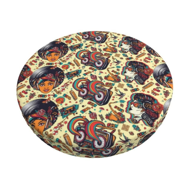 Disketp Fashion Hippie Girl Funda Redonda para Taburete, Funda de Cojín para Silla de Bar Suave y Elástica-12 inch