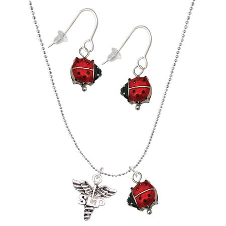 Delight Jewelry Silvertone SLP Caduceus – Red Lucky Ladybug Necklace and Dangle Earrings Set