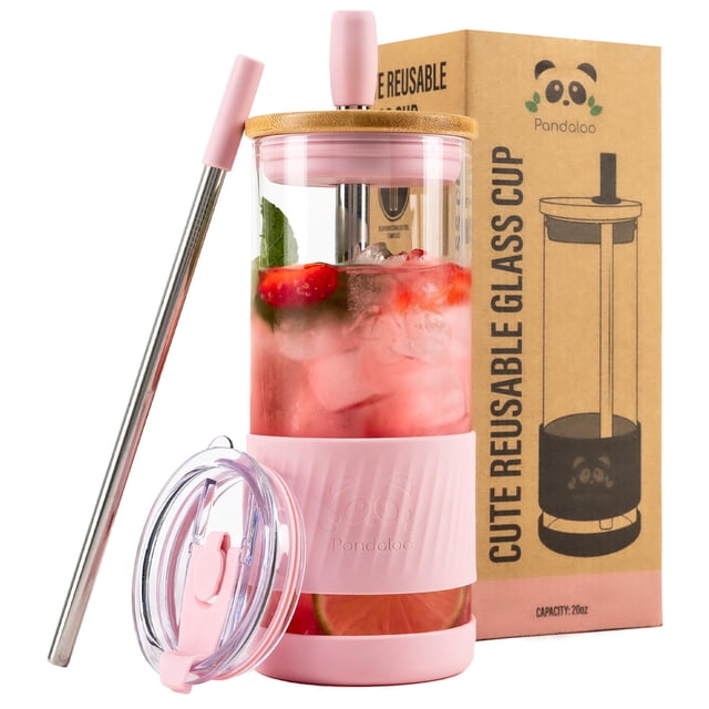 Vasos de vidrio Pandaloo con tapas y pajitas 600 ml Tender Pink
