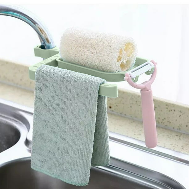 Estante portaesponjas para fregadero de cocina | Fregadero de plástico que ahorra espacio con toallero, almacenamiento de jabón, diseño de drenaje para la organización del lavado de platos |