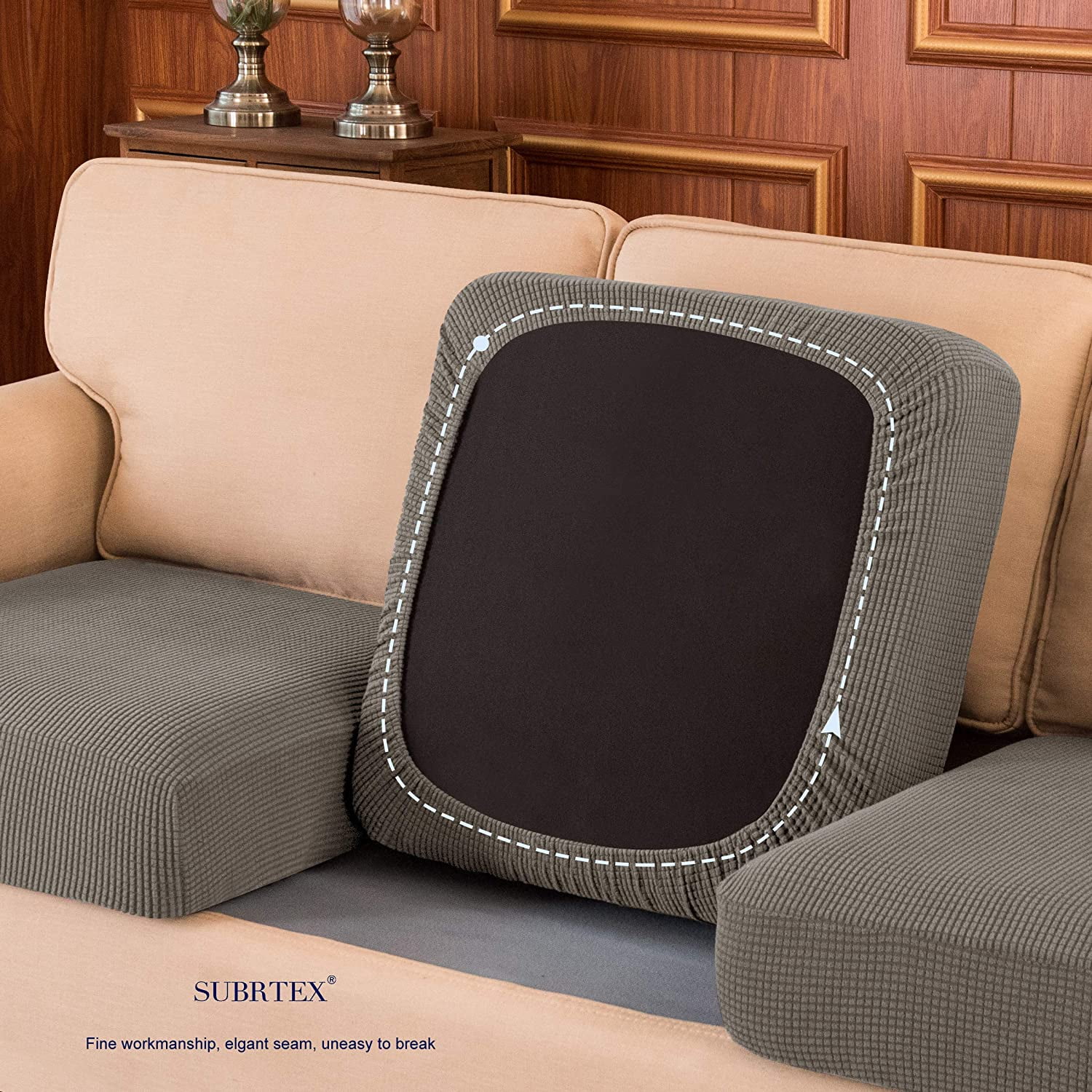 Subrtex Cushion Covers Separate Seat Stretch Textured Grid (2PCS, Taupe)