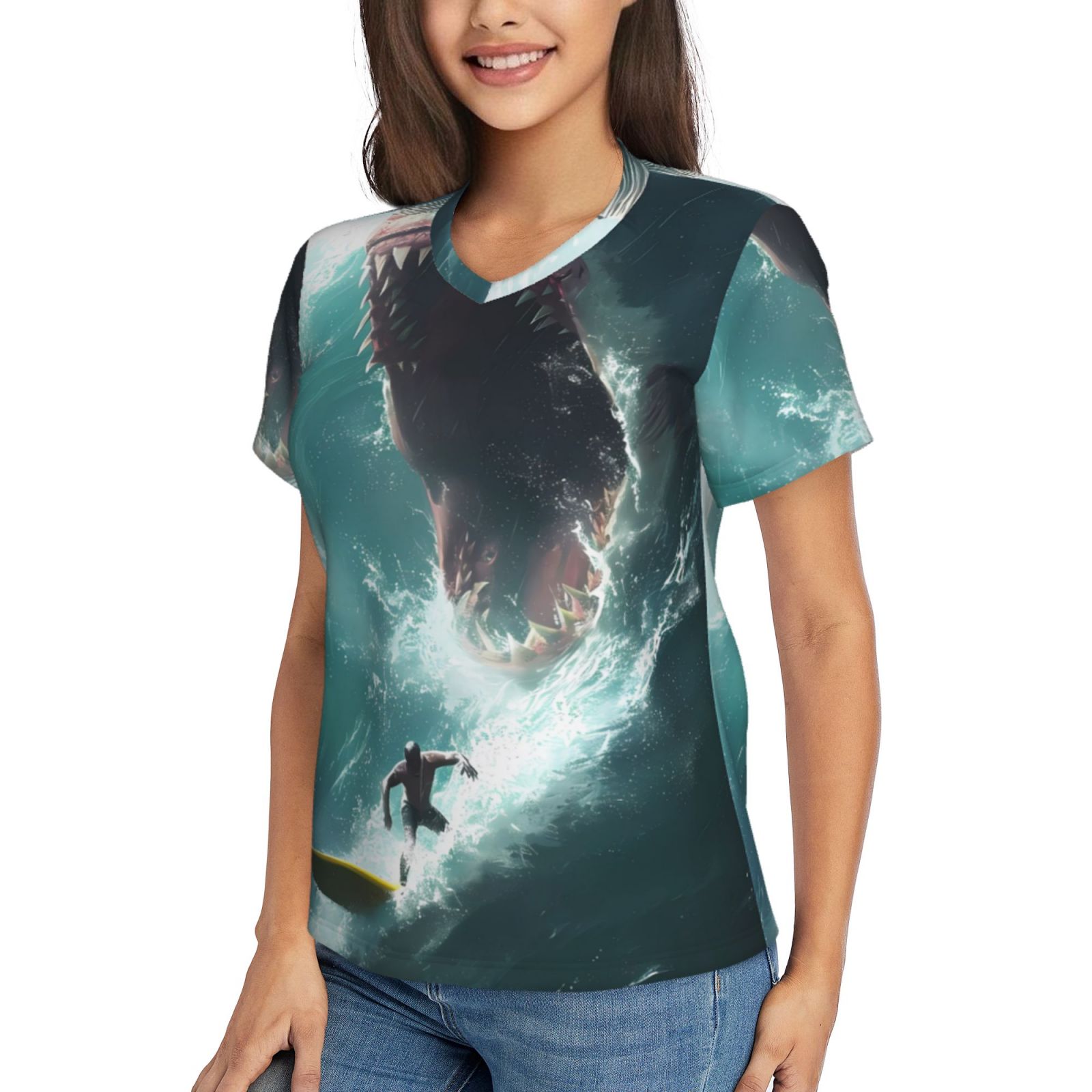 Vsdgher Surfing Shark Women Shirts V Neck Short Sleeve Tops T-Shirt Basic Tees, S to 3XLMedium