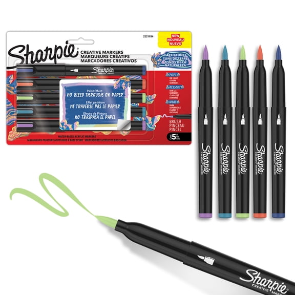 Sharpie Creative Markers, Earth Tones, Water-Based Acrylic Markers, Brush Tip, Assorted Colors, 5 Count