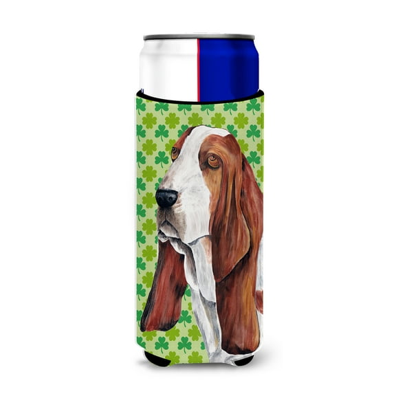 Caroline's Treasures SC9292MUK Basset Hound   Shamrock Portrait Hugger for Slim Cans