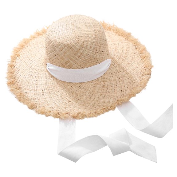 HJYCHN Summer Women's Wide Brim Raffia Sun Hat Adjustable Chin Strap For Beach Sun White One Size
