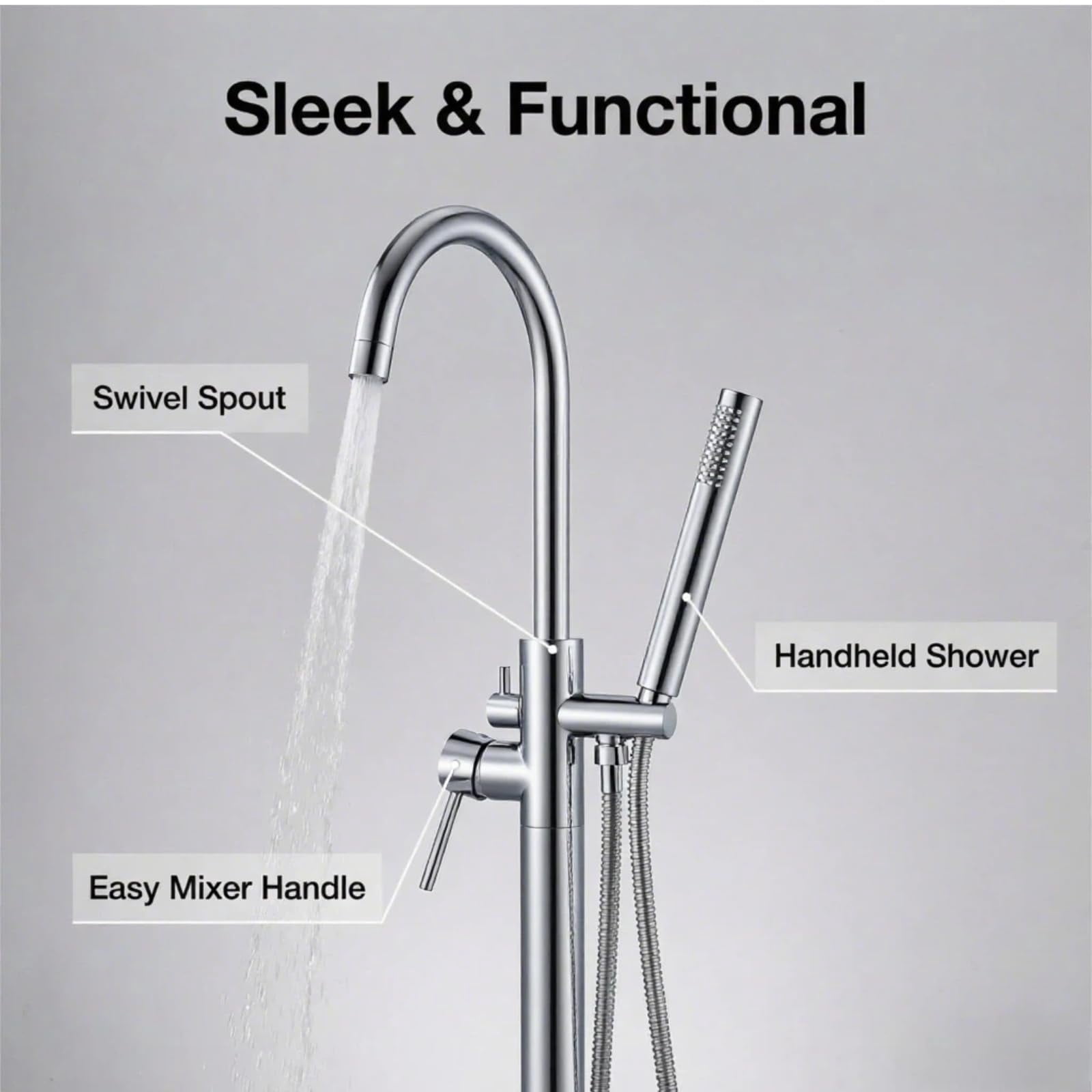 LIFERECORD Floor Mount Freestanding Tub Faucet, Solid Brass Stand Alone Bathtub Filler with 2-Function Hand Shower, 360° Swivel Spout, Rough-In Valve, Anti-Wobble Base, High Flow Mixer Tap