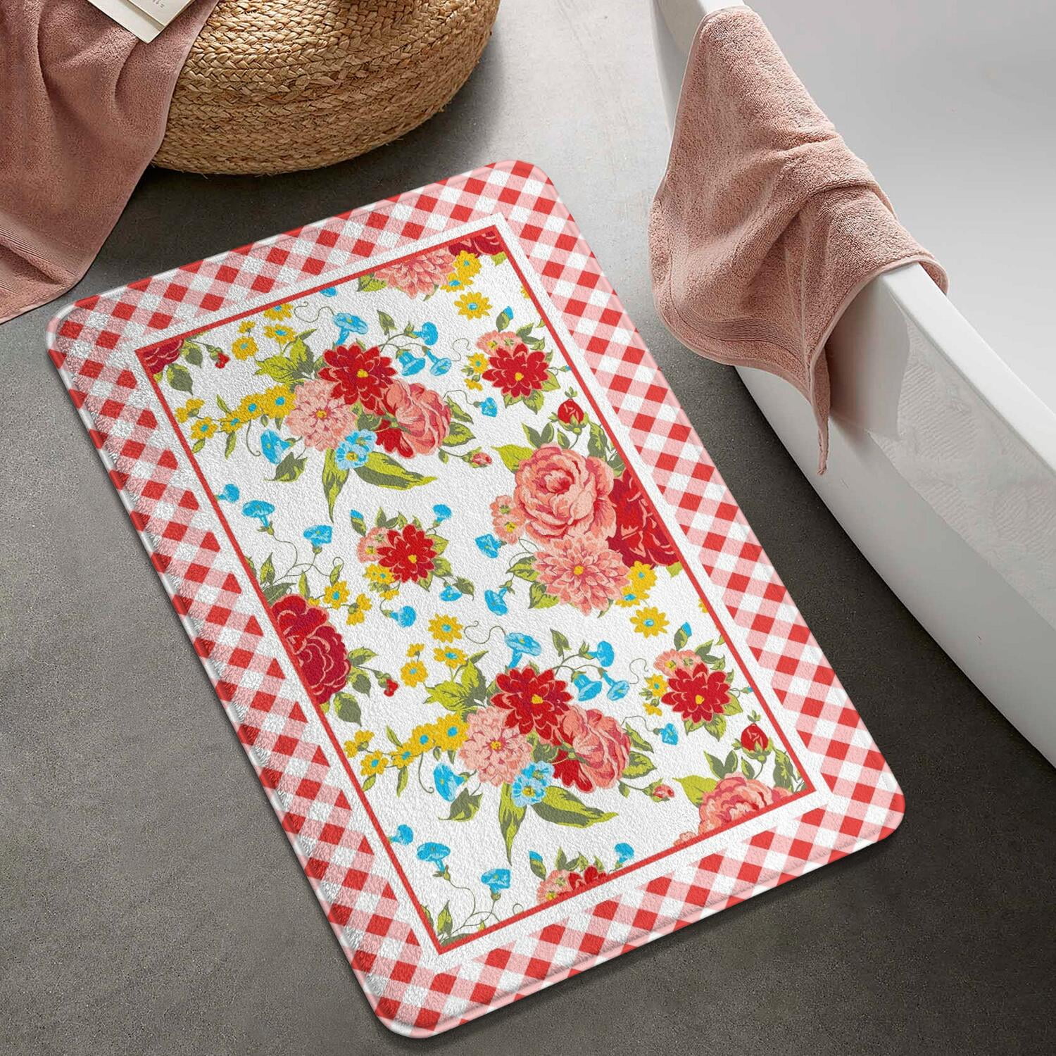 Flower Design Bath Mat Soft Rug Rubber Non Slip Quick Dry Pioneer Flower Woman Super Absorbent Thin Bathroom Rugs Shower Bathtub Shower Room Sink 20x32 Inch