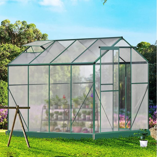 SESSLIFE Outdoor Garden Greenhouse, Walk in Polycarbonate Greenhouse, '  x ' x ' Greenhouse with Sliding Door and Rain Gutter, Aluminum  Frame Grow House, TE2462 