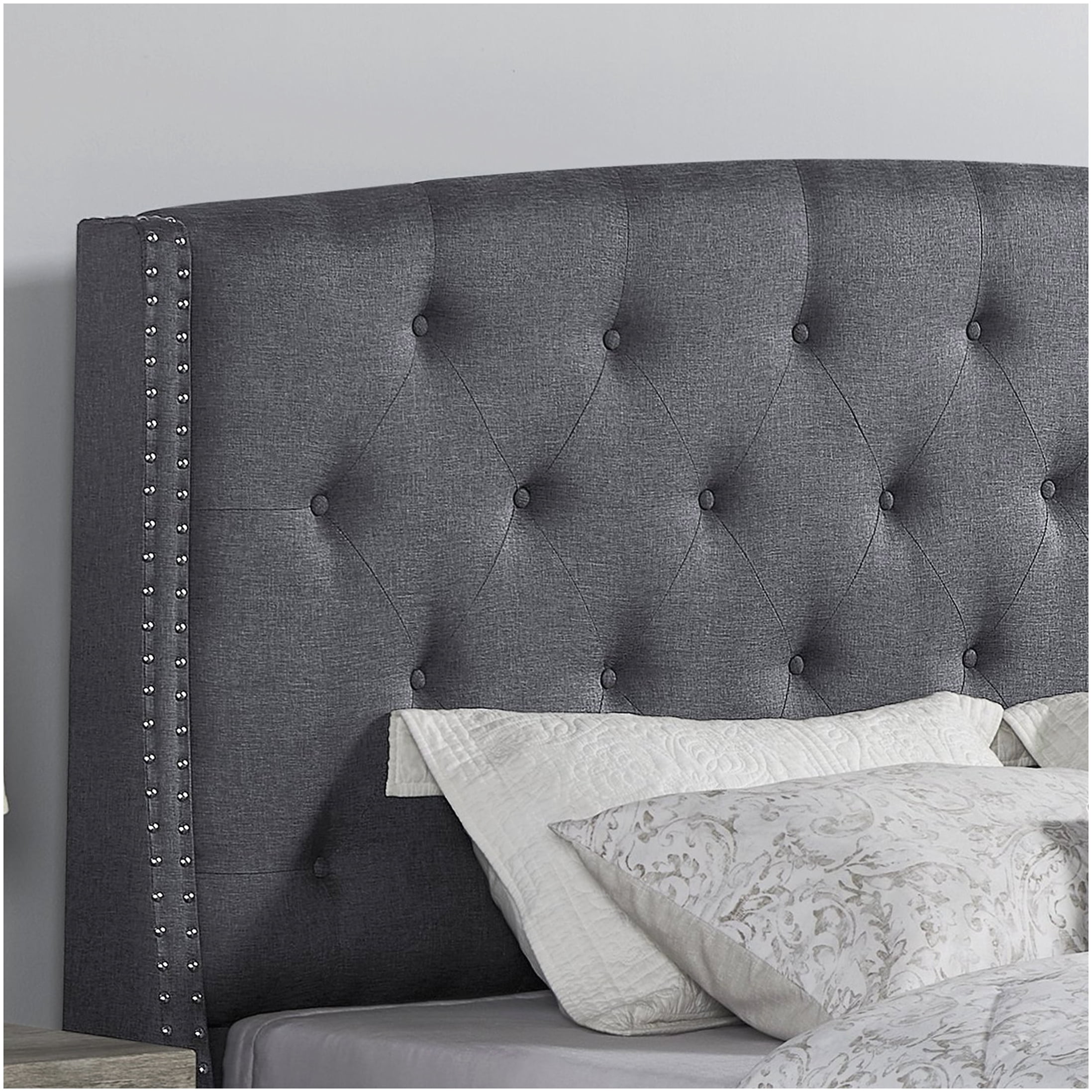 Queen Size Upholstered Bed Frame with Wingback Headboard, Nailhead Trim and Button Tufted Accents, Gray Fabric