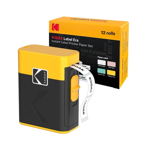 Kodak Label ERA M50 Label Maker bundle, yellow (label printer with 1 roll sticker label 12 rolls set (white 9 rolls, pink/green/yellow 1 roll each))