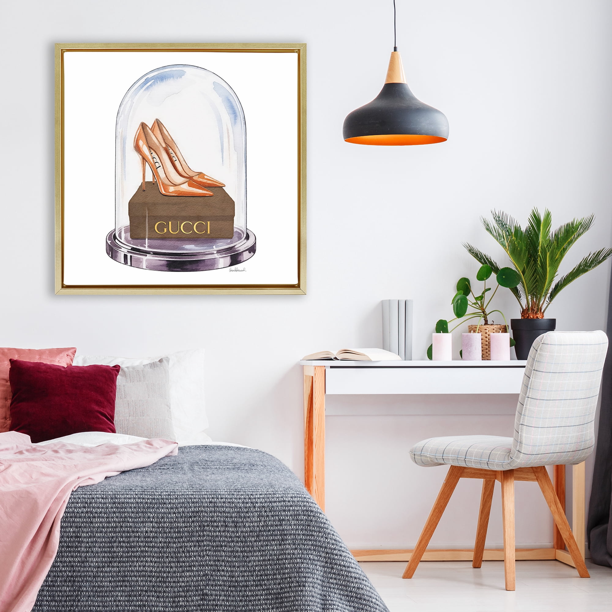 Stupell Industries Satin Heels in Bell Jar Gold Framed Floater Canvas Wall Art, design by Amanda Greenwood