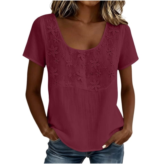 GUACER Short Sleeve Cotton Linen Tops for Women Floral Embroidery Casual U-Neck Blouses for Summer
