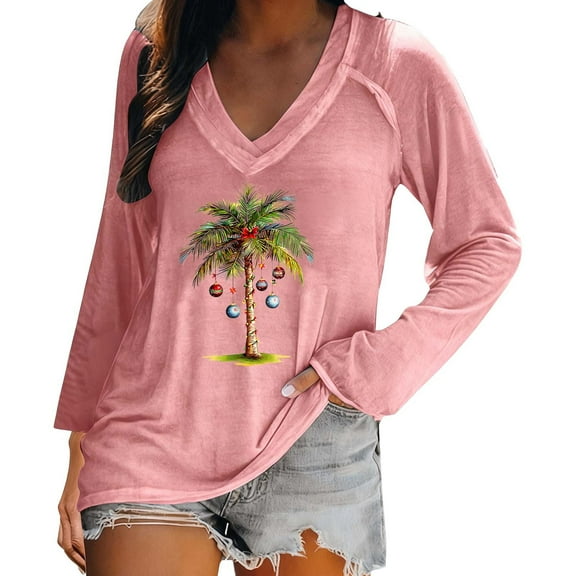 asdoklhq Christmas Mock Neck Tops for Women Ladies' Fashionable Casual Christmas Print Pullover Loose Long Sleeved V-neck Top Pink 2X