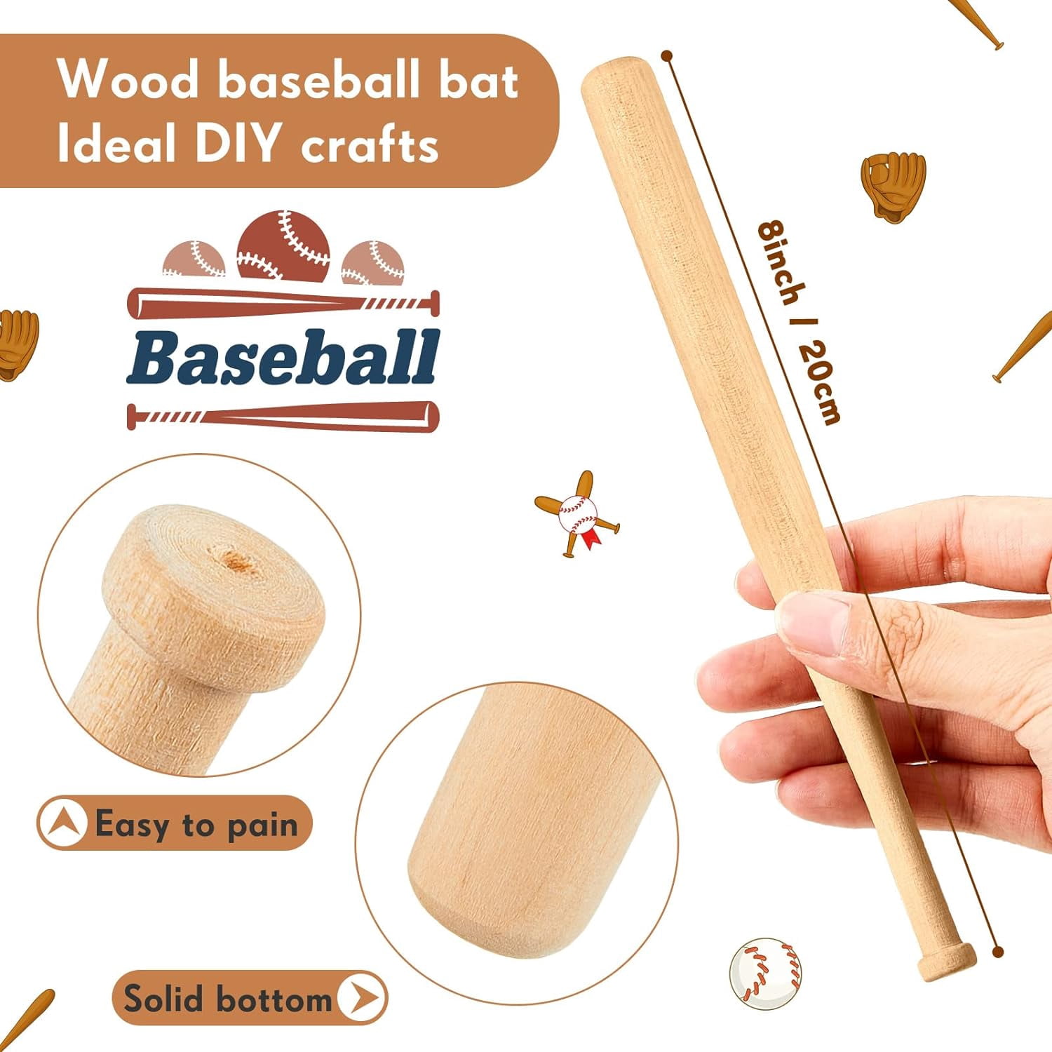 9 Pcs 8 Inches Unfinished Mini Baseball Bat Unpainted Small Wooden Bats for Painting Keychain Action Figures DIY Craft Projects Ball Sports Party Favors