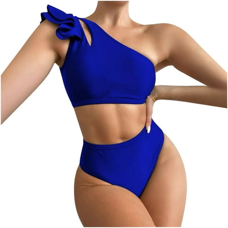 Hot Discounts  Women s Color Sexy  High Waist One Shoulder  Bikini Split Swimwear Set  Trendy Swimwear for Women  Comfortable Beachwear for Summer | Sopatenor  Blue L