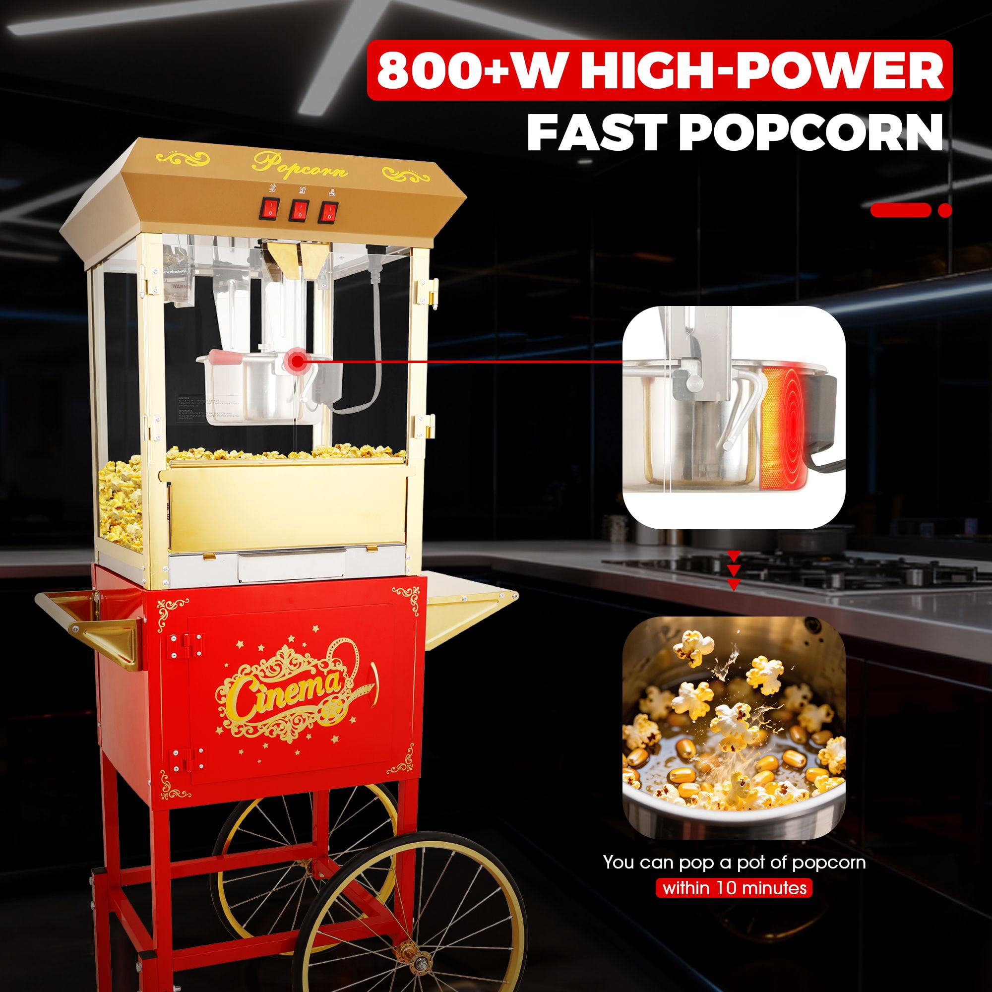 16Oz Commercial Popcorn Machine With Cart and 16 Oz Kettle , Movie Theater Popcorn Machine, Red Gold Pop Corn Machine with 3-Switch Control & Steel Frame Tempered Glass Doors