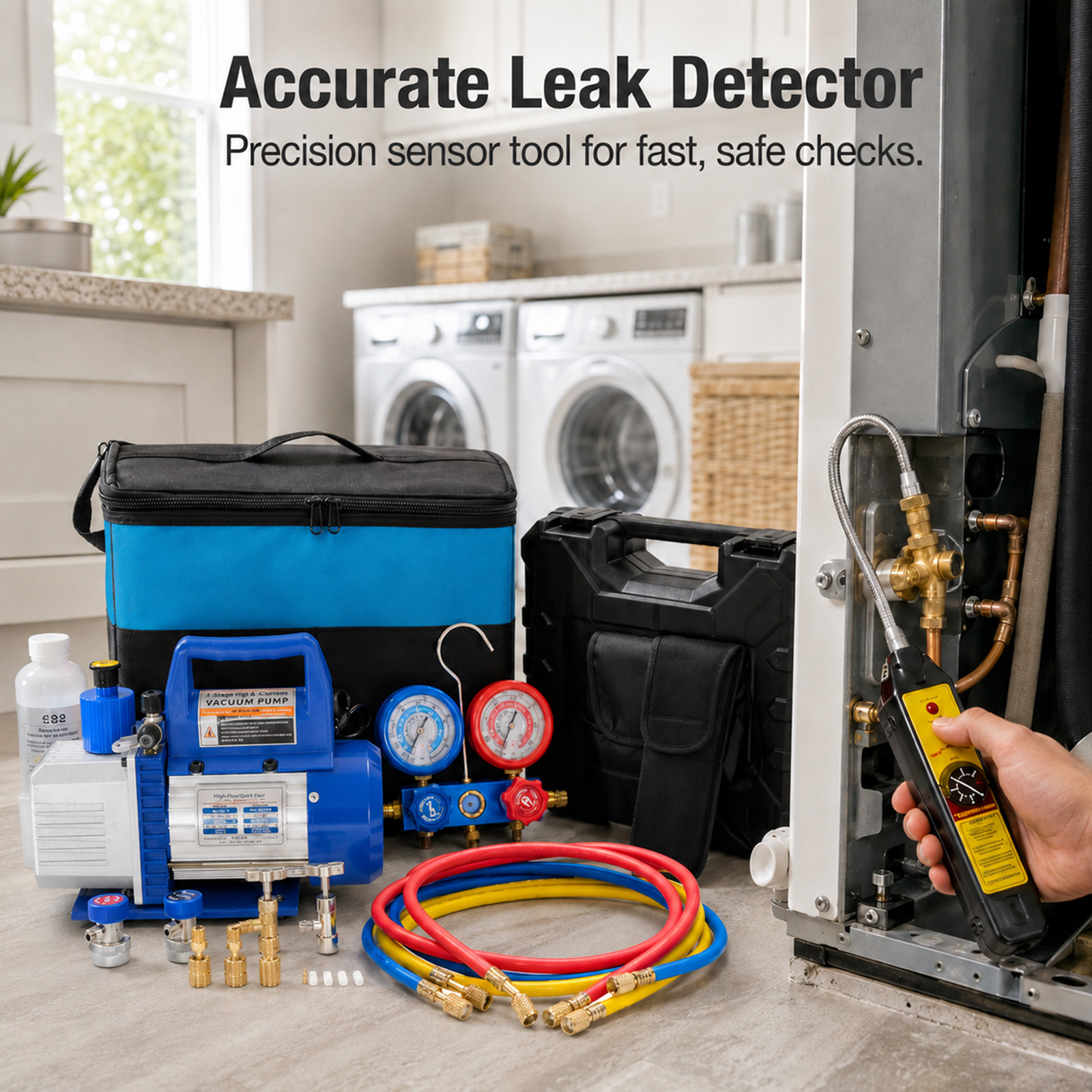 Alvantor 1/3HP 4CFM Vacuum Pump Kit with R13a R410A R22 R112 R410A Manifold Gauge Set, Leak Detector, R134a Quick Couplers, Can Tap & Carry Bag for AC Refrigeration Recharge
