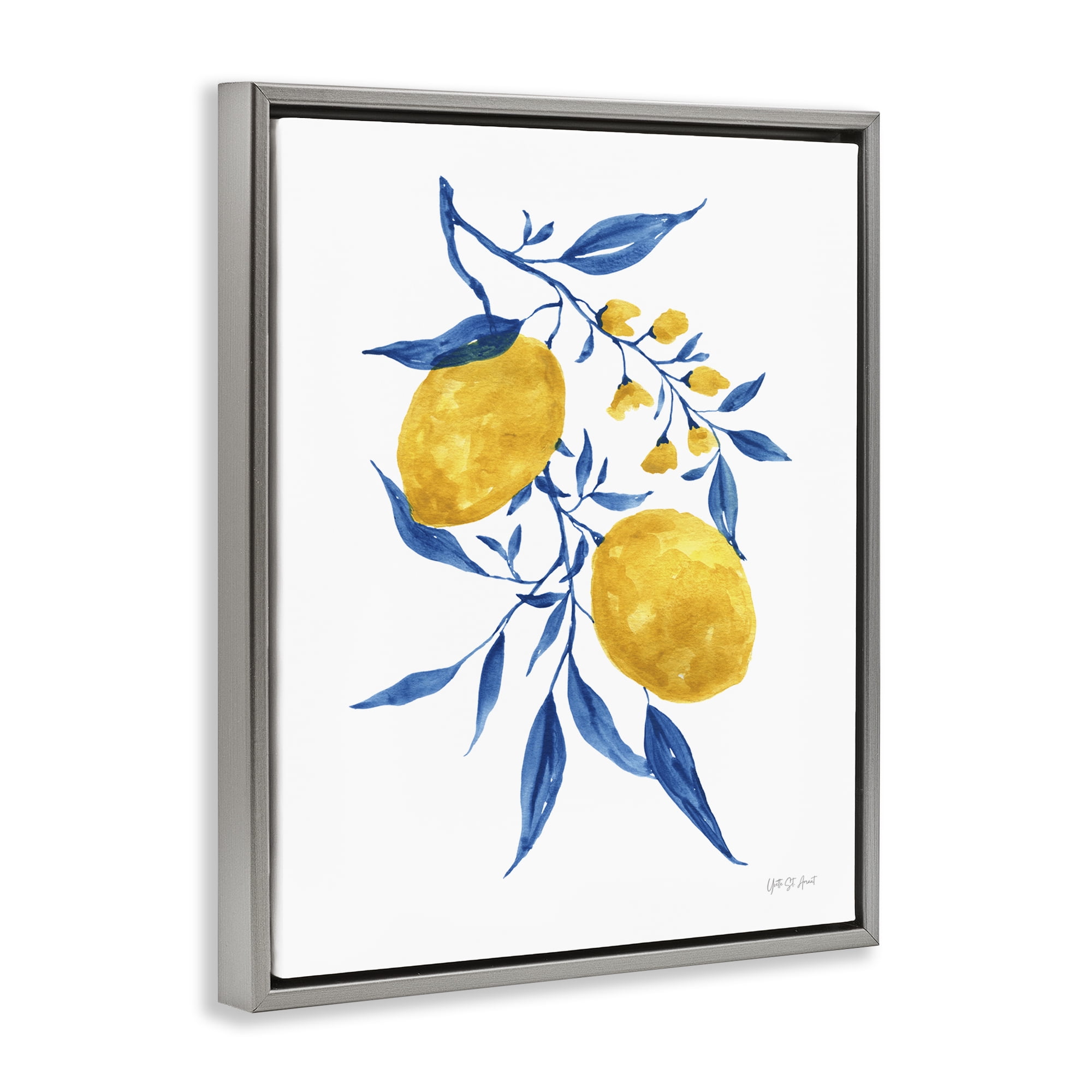 Stupell Industries Lemons with Blue Leaves Food & Beverage Painting Gray Floater Framed Canvas Art Print Wall Art, 25 x 31