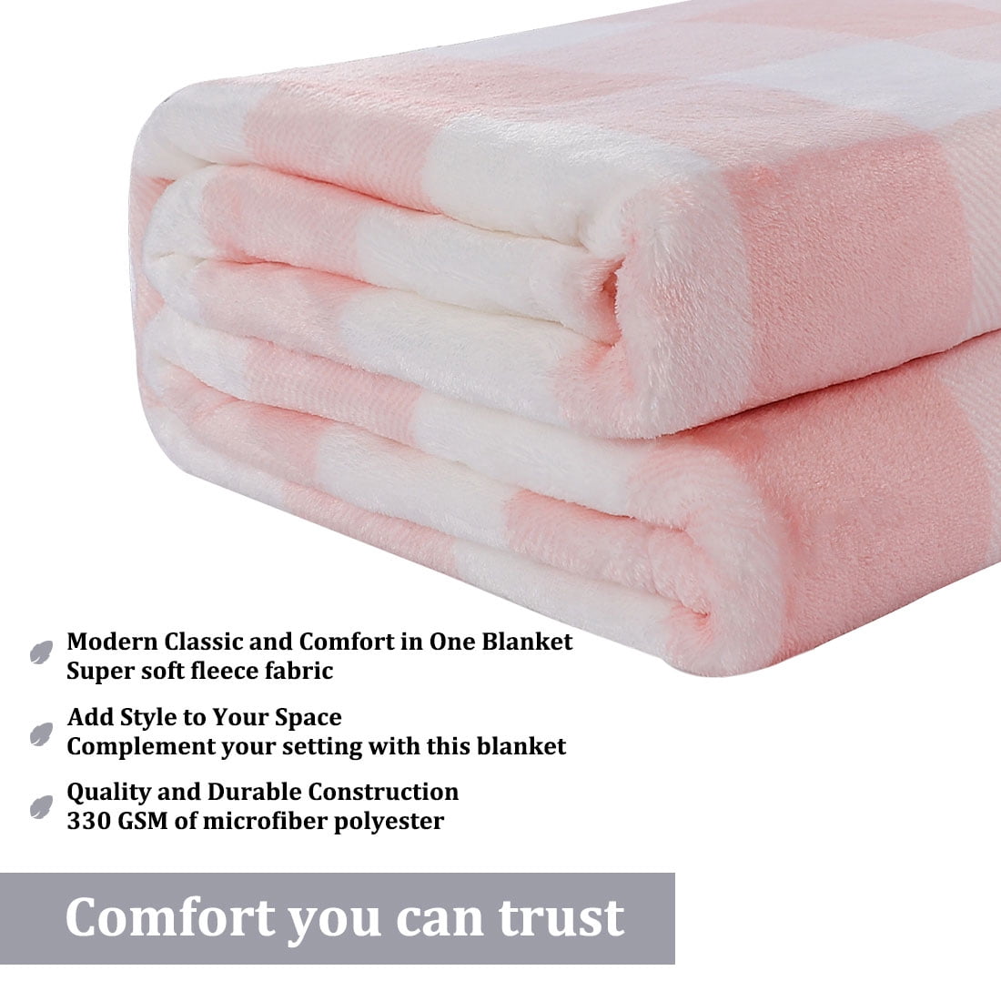 Plaid Soft Plush Fleece Blanket for Sofa Couch Bed Pink and White 50" x 60"