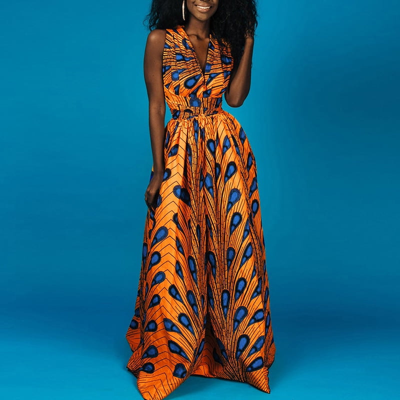 Anself - Women African Printed Maxi Dress Muti Way Slit Halter Off Shoulder Wraparound Vintage 