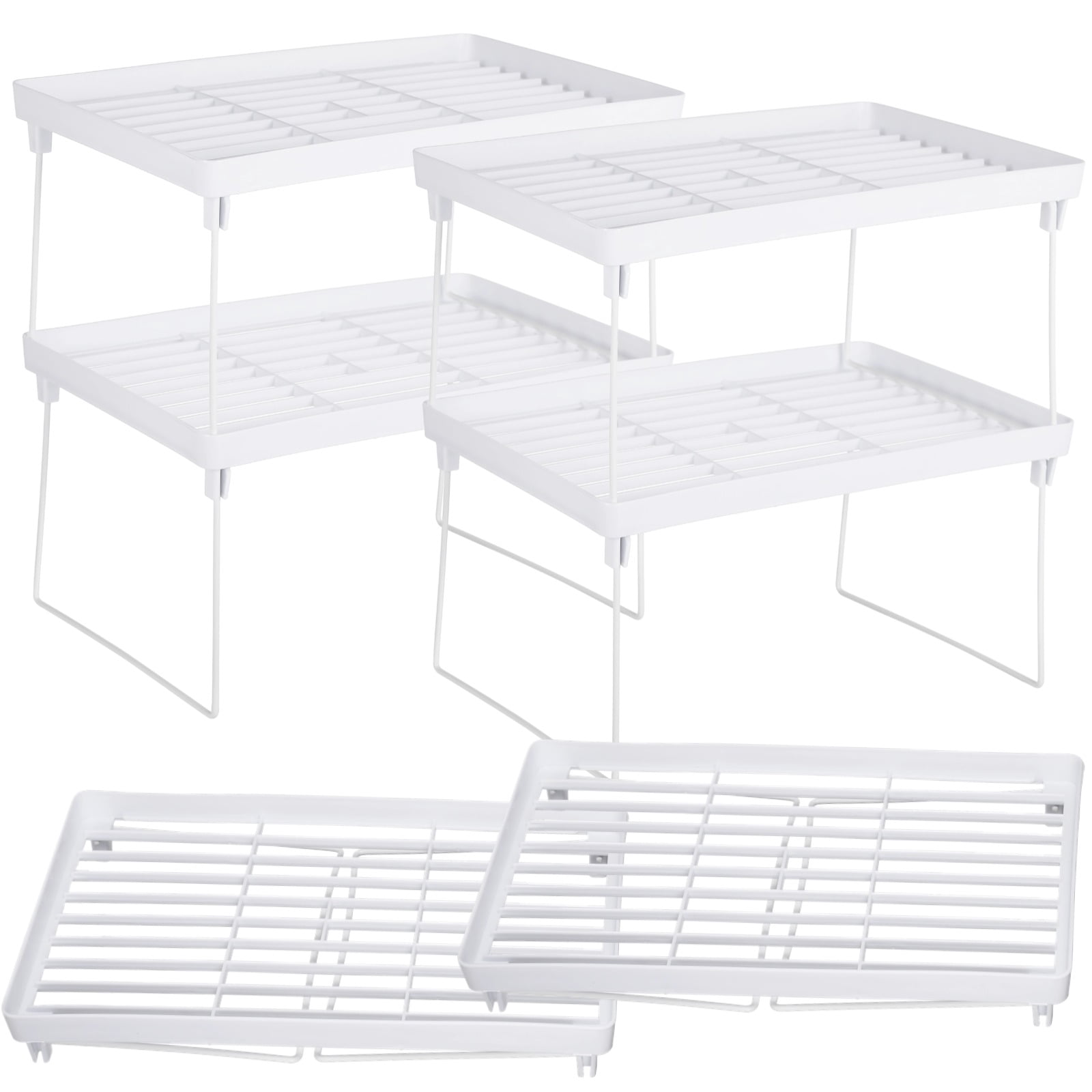6 Pcs Foldable Organizer Shelf - 6-Tier Stackable Kitchen Rack, Organizer Shelf, White Plastic Breathable Grid with Metal Bracket, Multi-Use Storage Rack for Cabinet, Bathroom, Pantry & More